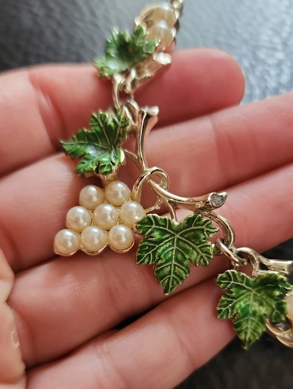 VTG Pearl Grape Cluster Necklace with Green Enamel Leaves